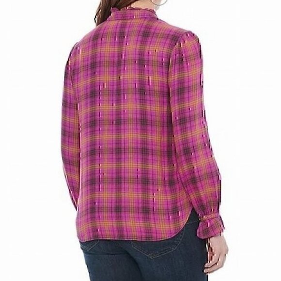 NEW NWT DEMOCRACY Long Sleeve Ruffle Neckband Plaid Button Down Shirt Purple S - Picture 3 of 13